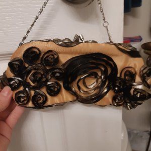 Gold and Black Satchel or Clutch with Silver chain detachable handle.